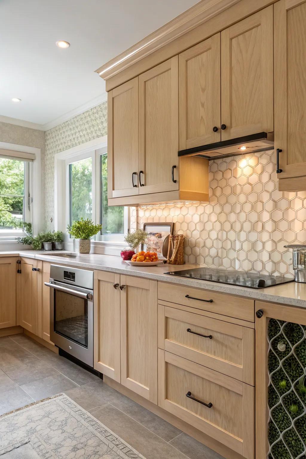 Textured backsplashes add depth and character to a kitchen with pecan wood cabinets.