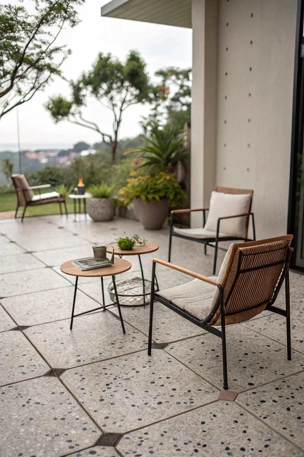 Speckled tiles provide subtle sophistication and texture.