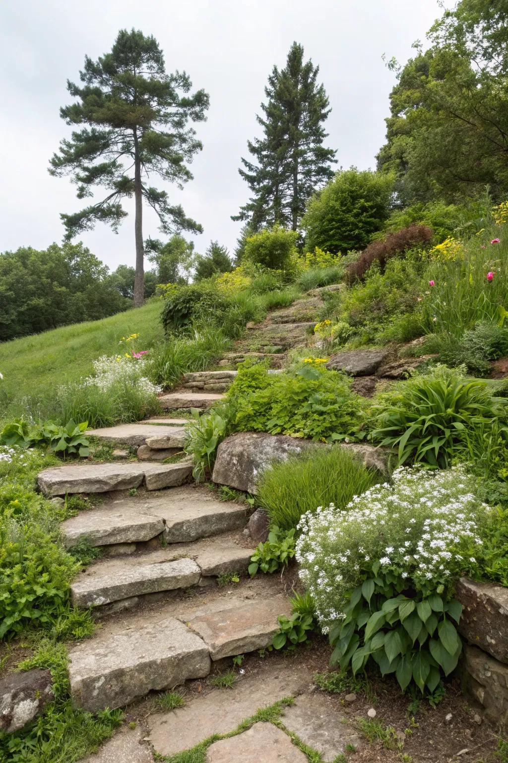 Stone steps present access and aesthetic appeal to elevated areas.
