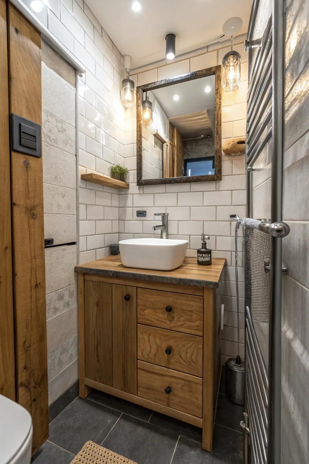 Mixed materials contribute depth to this compact bathroom.