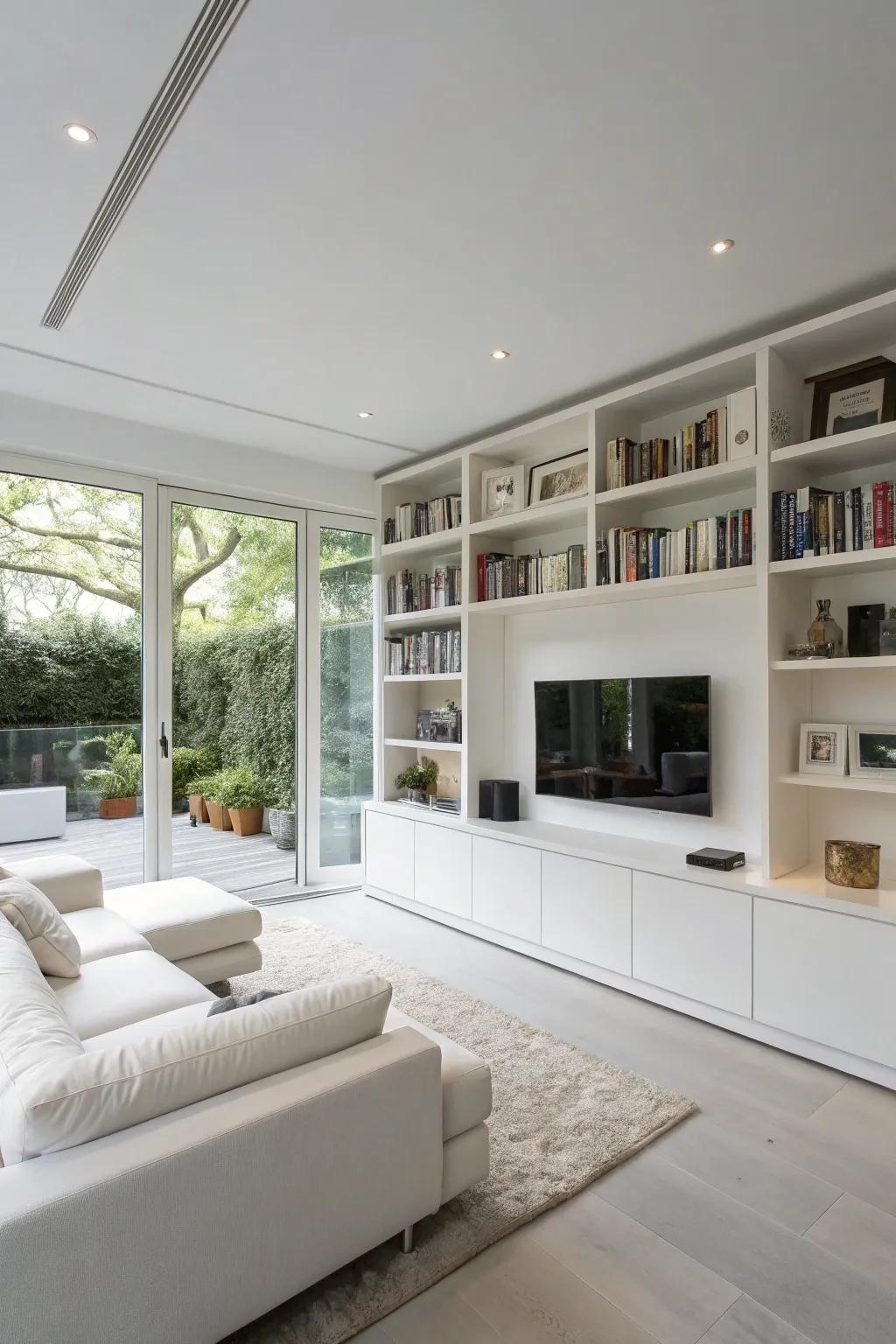 Innovative storage sustains a white lounge tidy and functional.