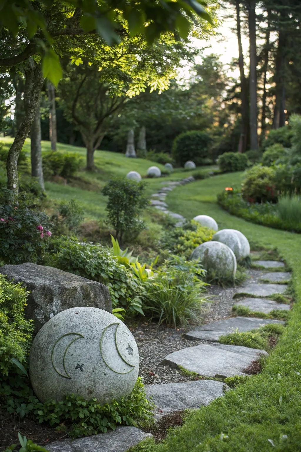Lunar cycle emblems insert a thematic nuance into the garden.