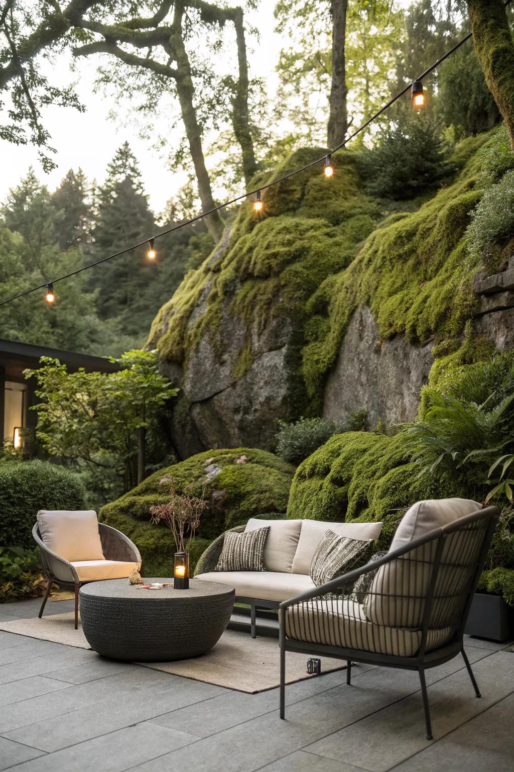 A cozy deck featuring a lush algae stone backdrop.