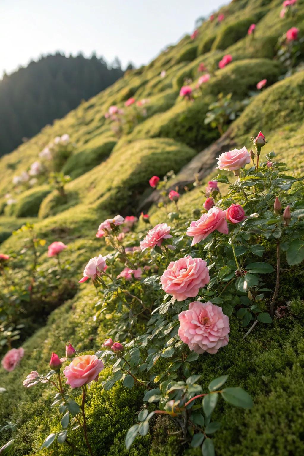 Sun roses offer vibrant coverage on a sunny slope.