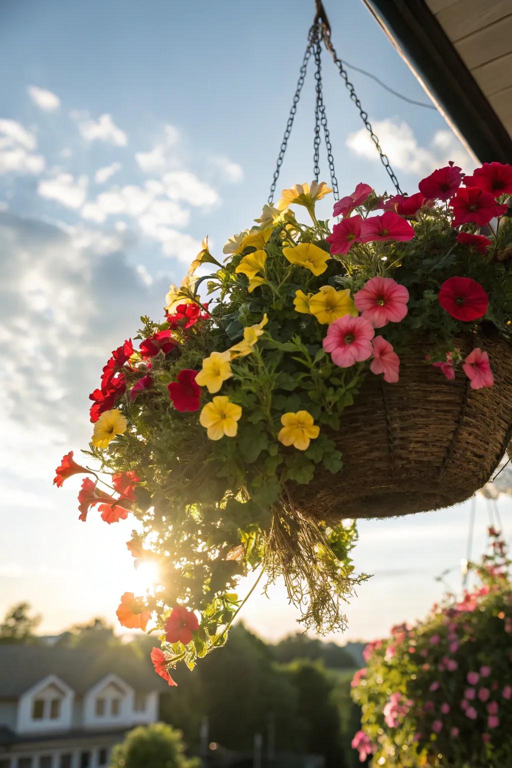A dynamic suspended receptacle brimming with blossoms.