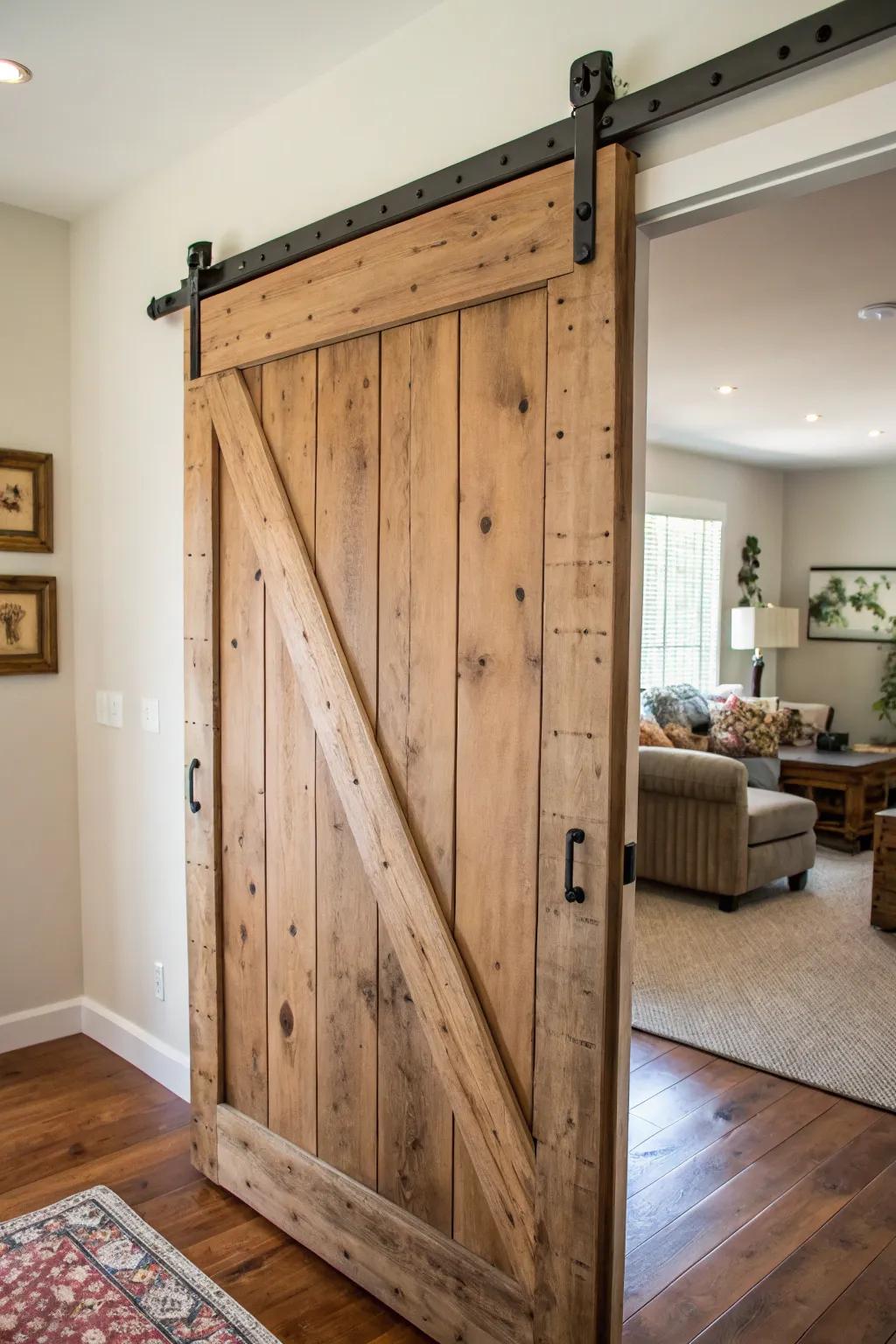 A bold and country sliding barn door in a contemporary room.