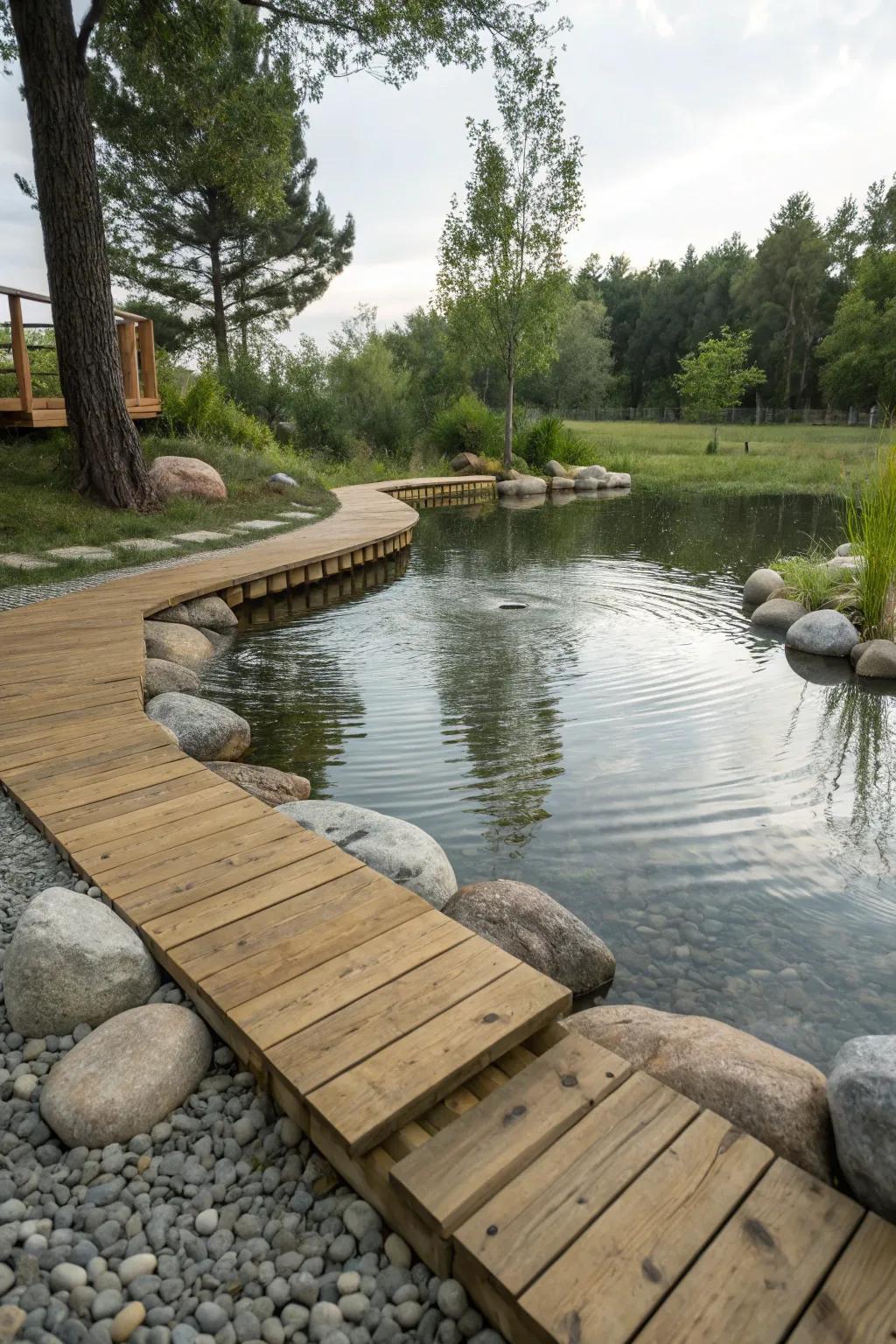 Native materials elevating the organic sensation of a water garden.