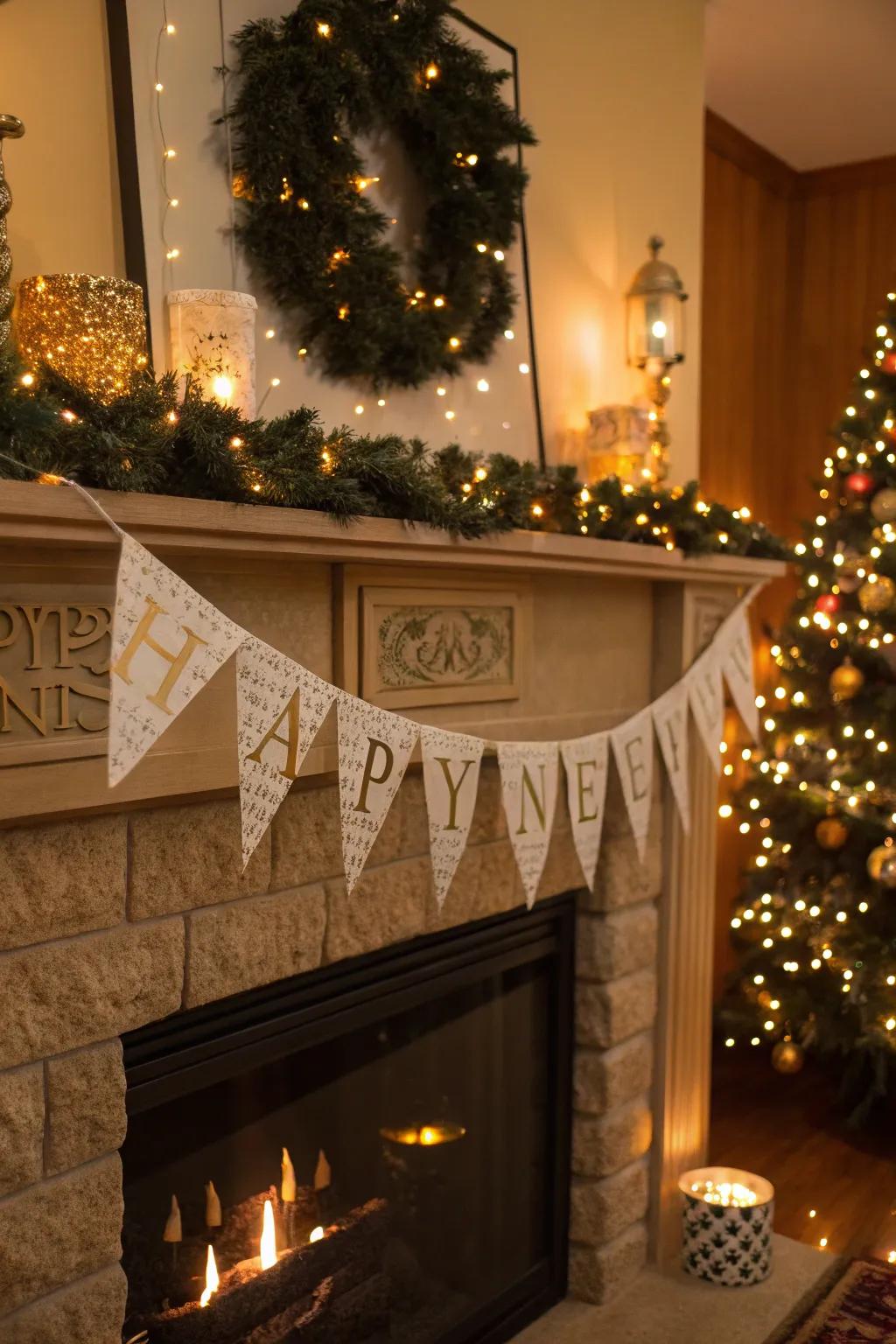 A shimmering fireplace display brings warmth and sparkle to the festivities.