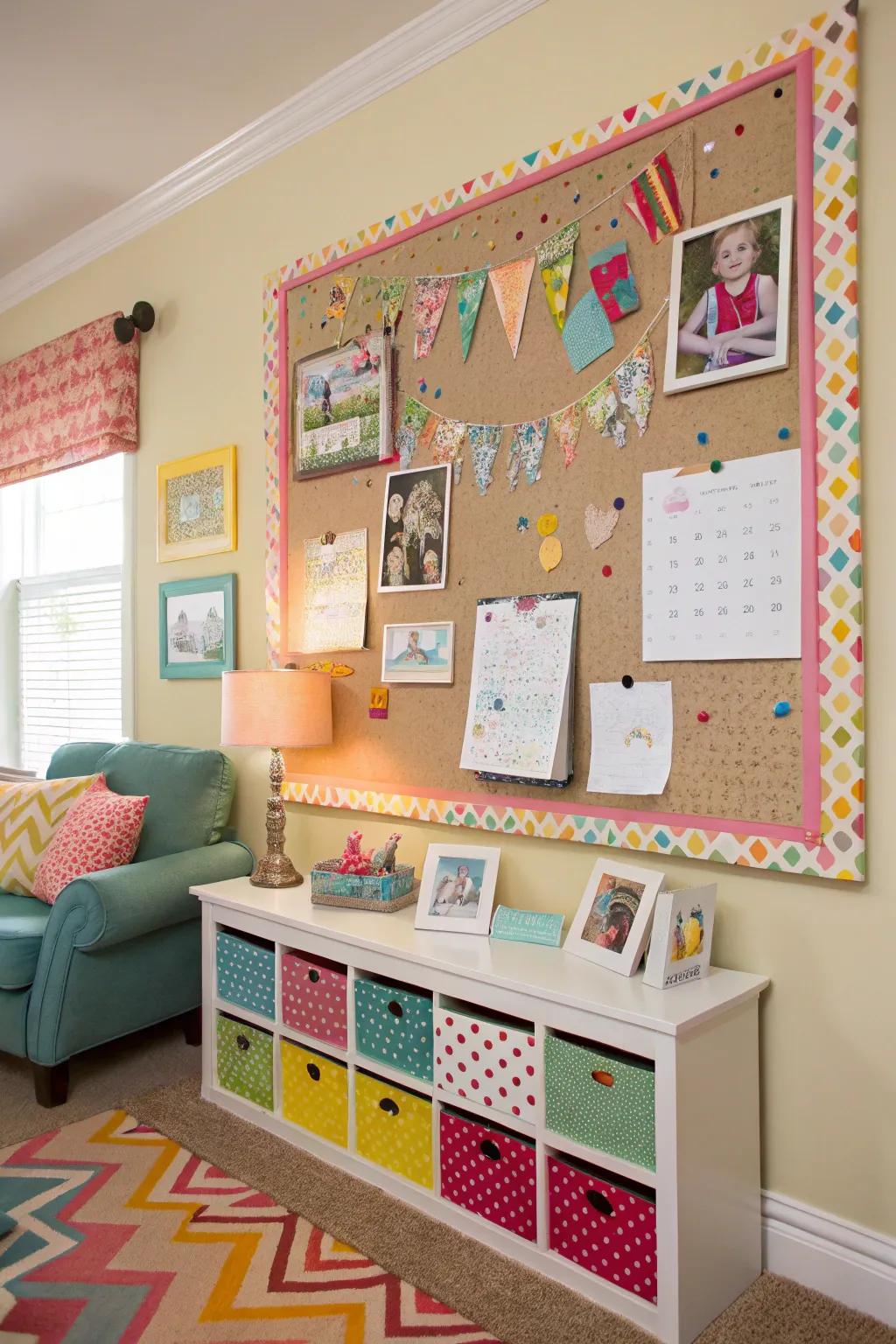 A family room display board with vibrant patterns.