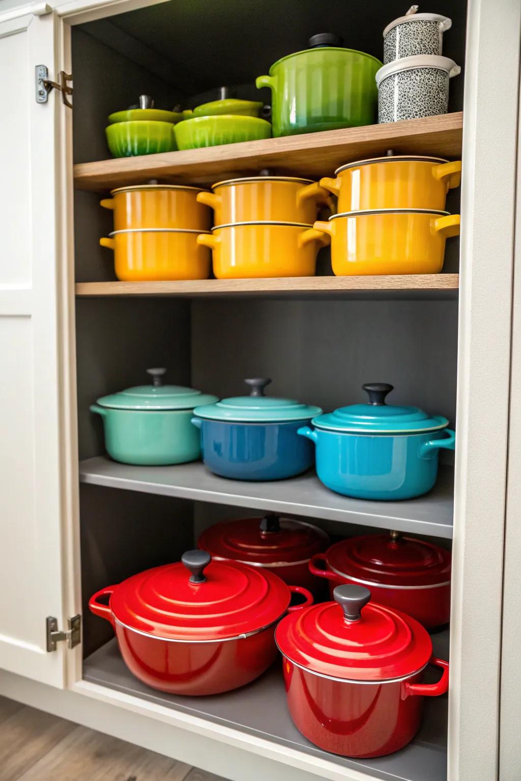 Color-coded cookware making organization and retrieval a breeze.