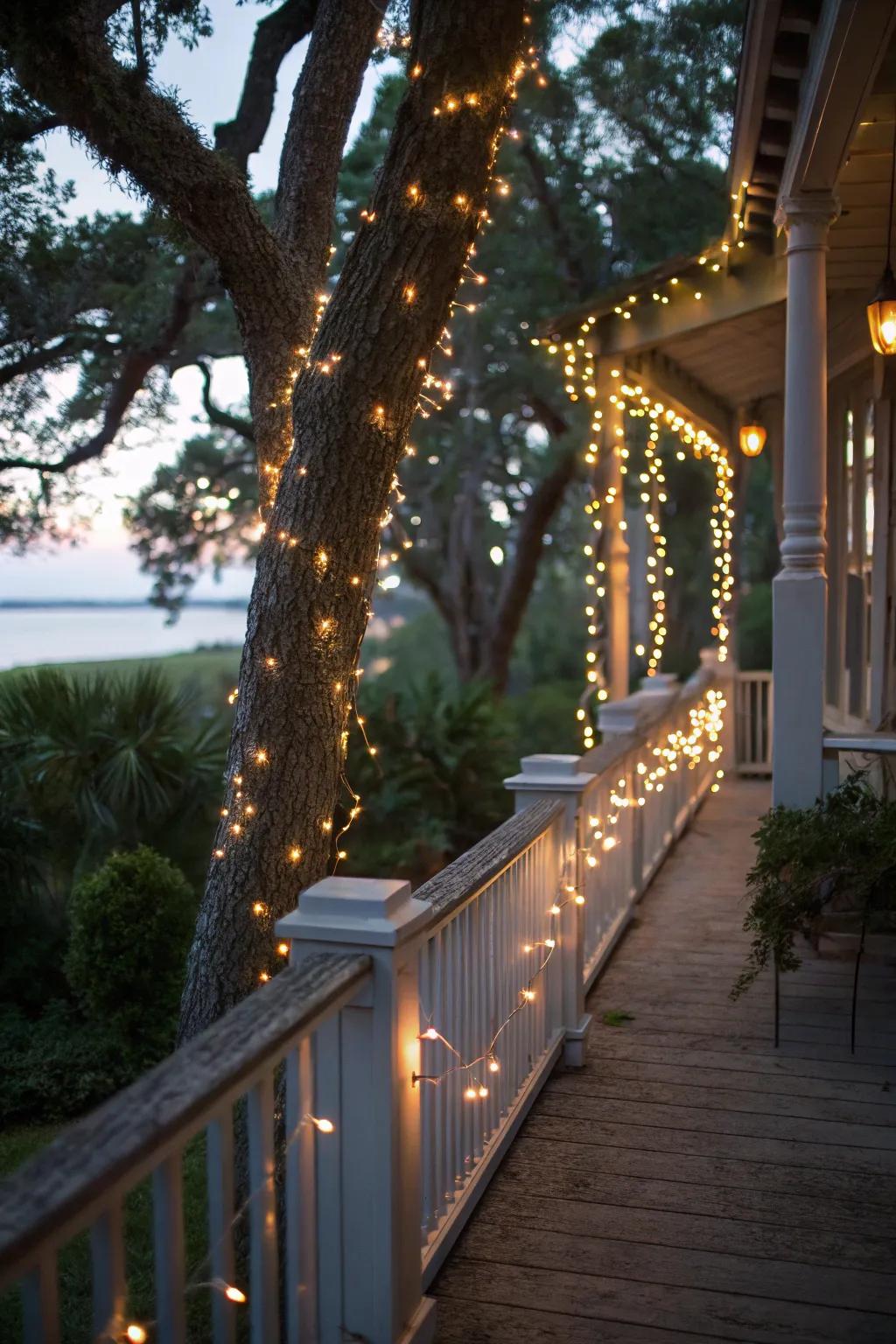 Pixie lights cultivate a magical atmosphere around the veranda.