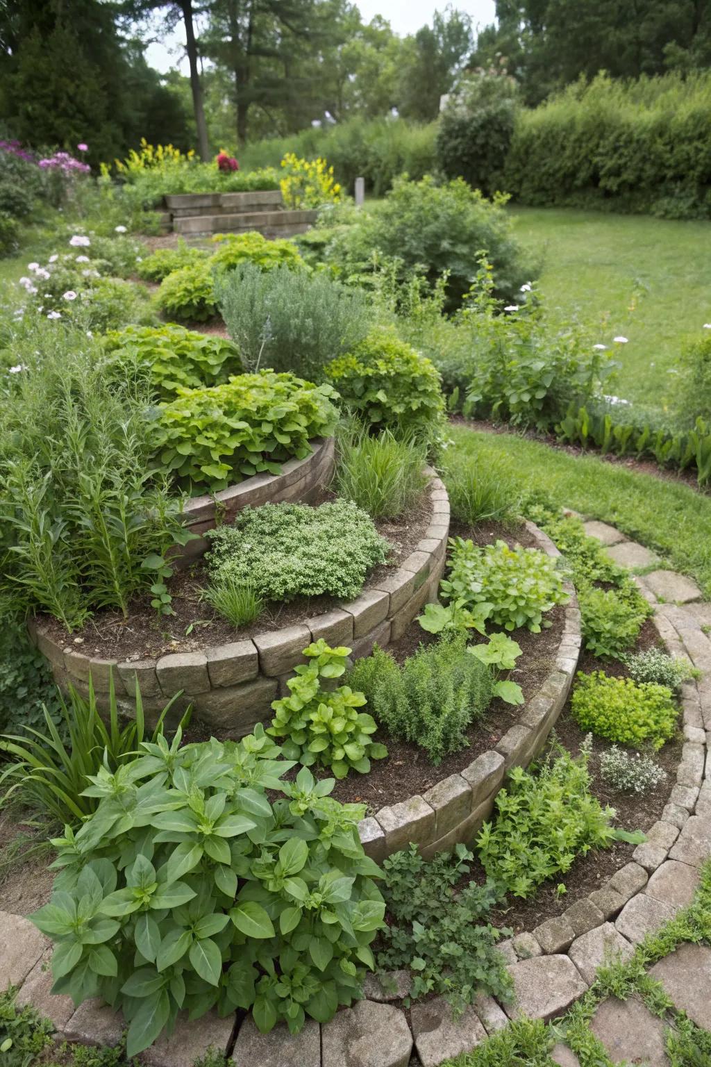 A spice spiral maximizing area and fashioning a functional garden feature.