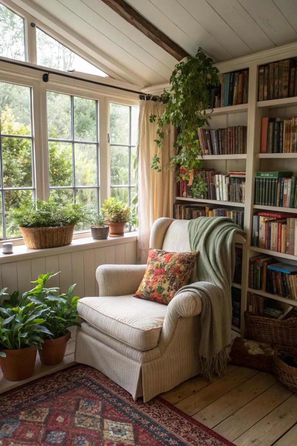 A reading spot providing a quiet escape in a garden room.