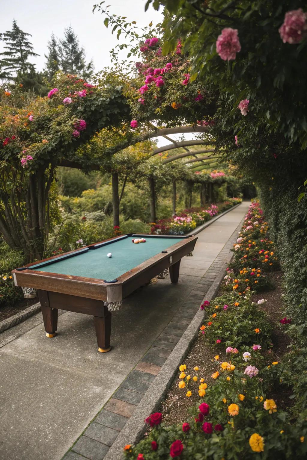 A game table set along a picturesque garden path.