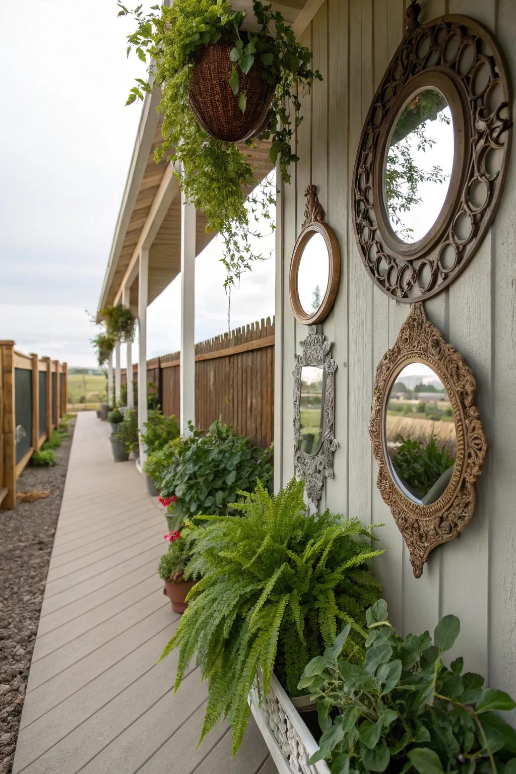 Mirrors enhance the sensation of expanse and illumination on this porch.
