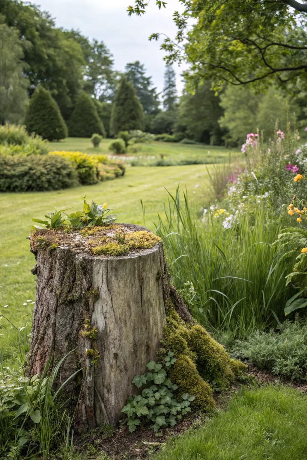 A raw stump effigy highlights the splendor of simplicity.