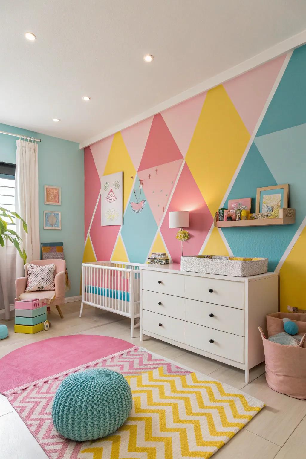Unconventional color pairings fashion a distinctive and captivating nursery environment.