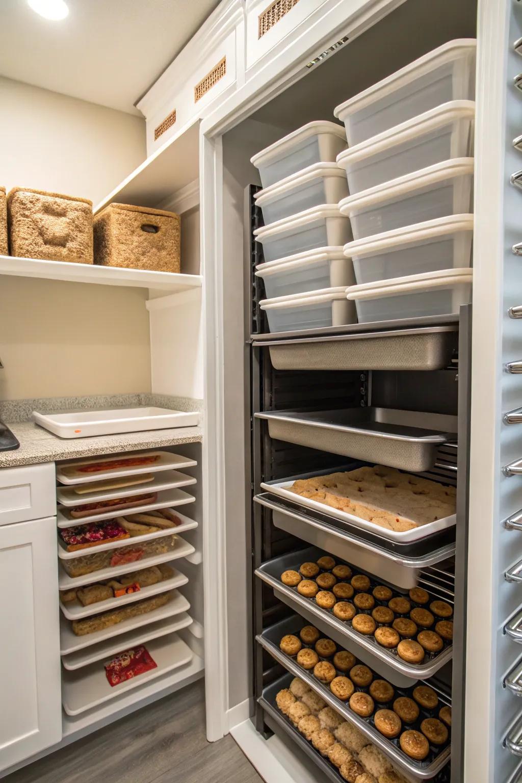 Vertical separators inside a pantry organize trays and baking sheets efficiently.