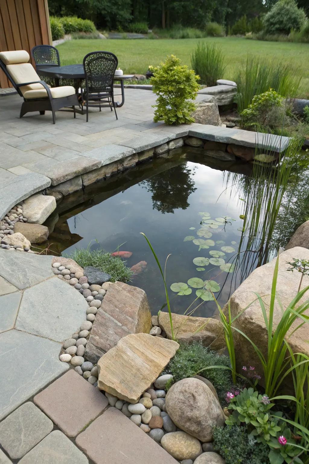 A small pond extends a serene and picturesque element to your patio.
