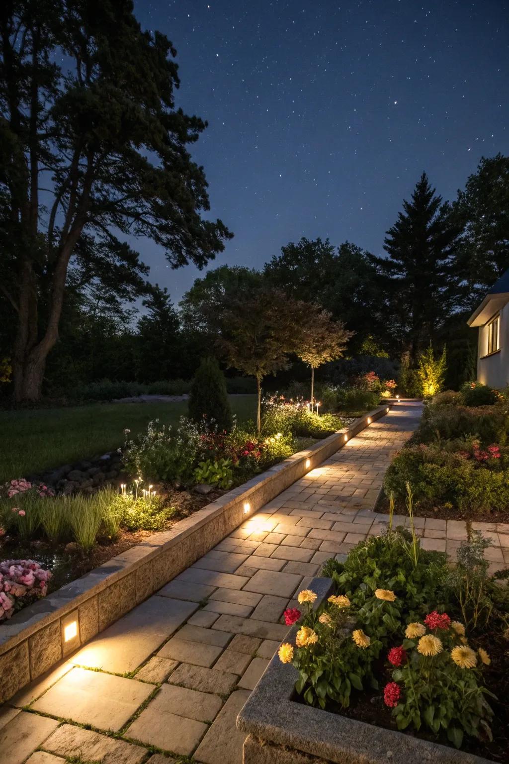 Luminescence adds a magical touch to paver flower beds at night.
