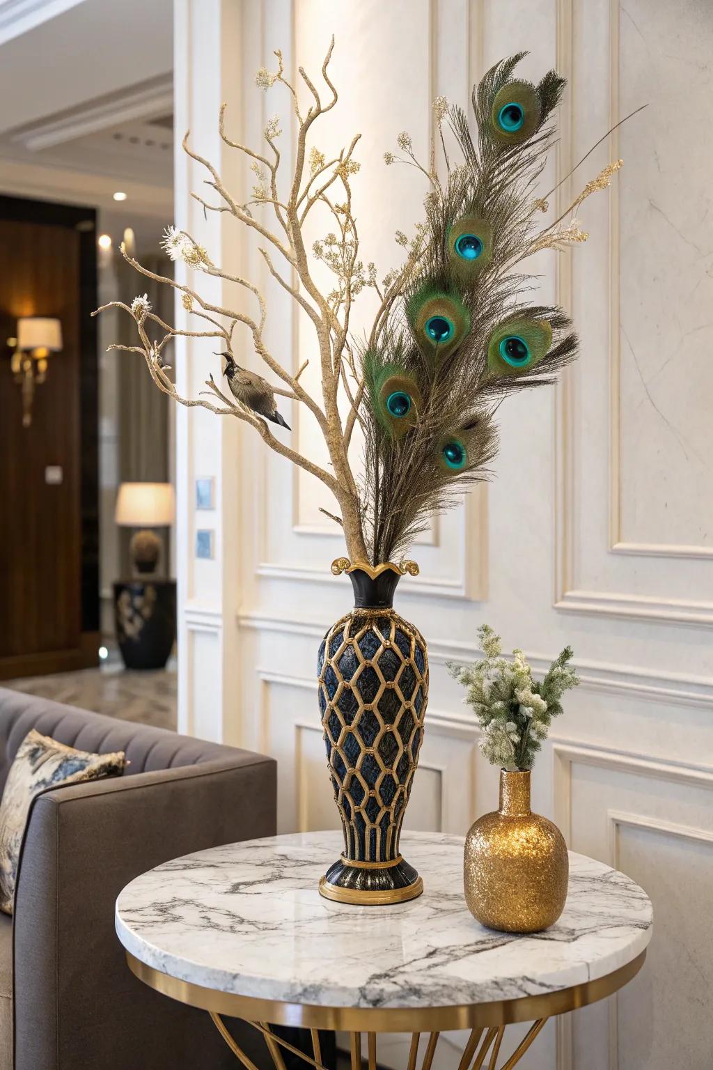 A luxurious focal point featuring gilded branches and avian plumes.