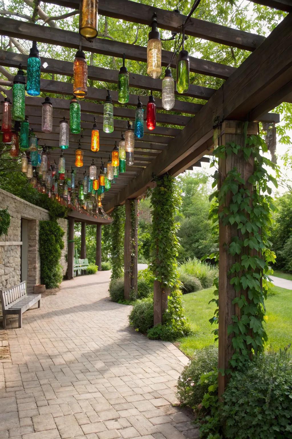 Recycled glass bottles craft an enchanting and eco-friendly display.