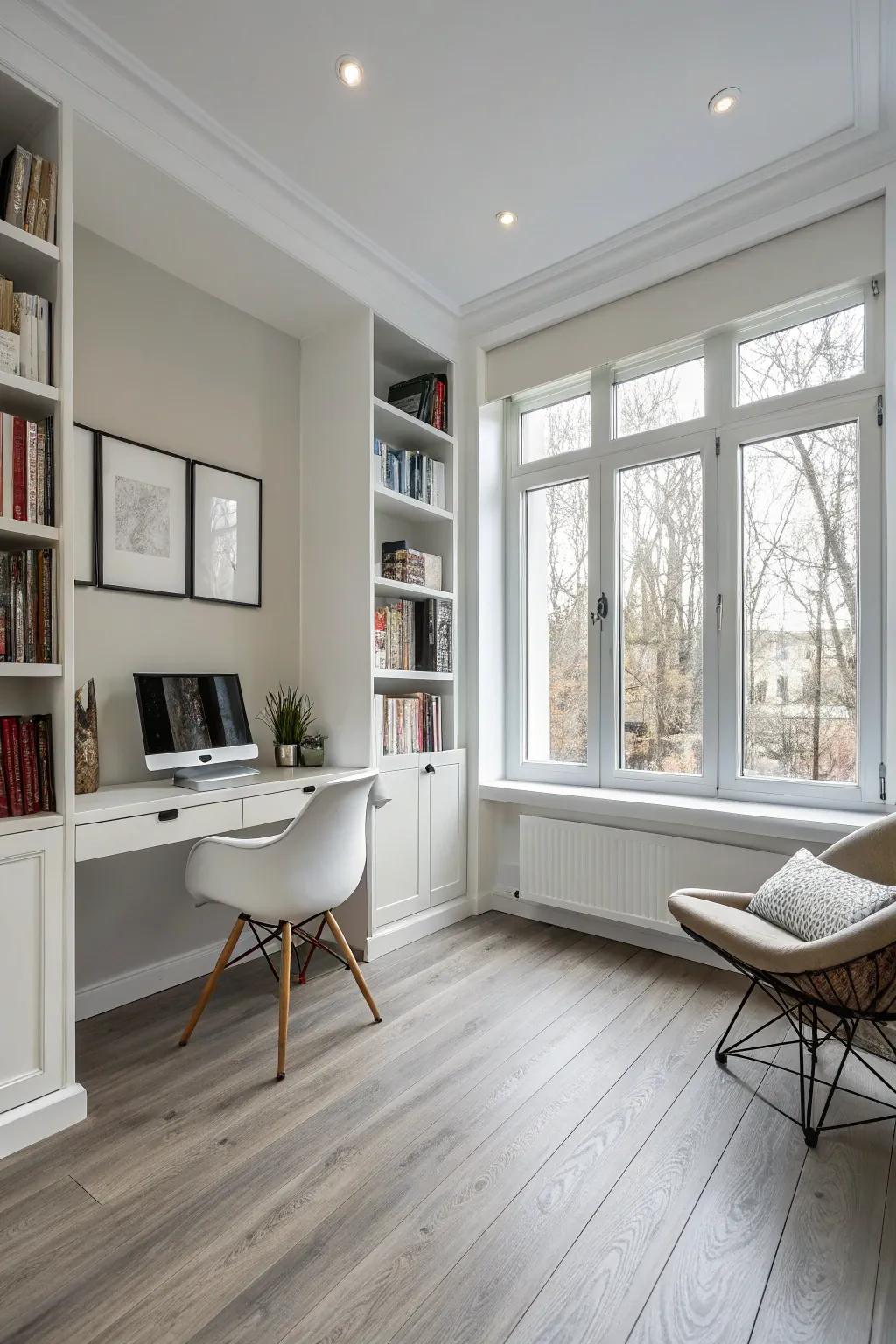 Minimalist vinyl floors keep studies focused and clutter-free.