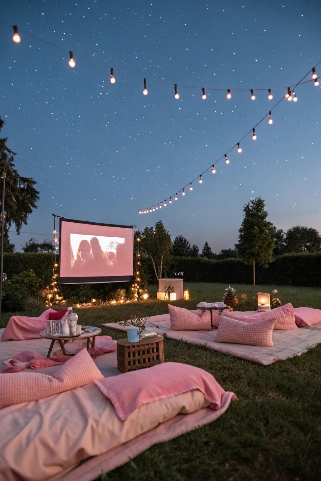 An outdoor movie night with pink accents makes for a cozy and stylish event.