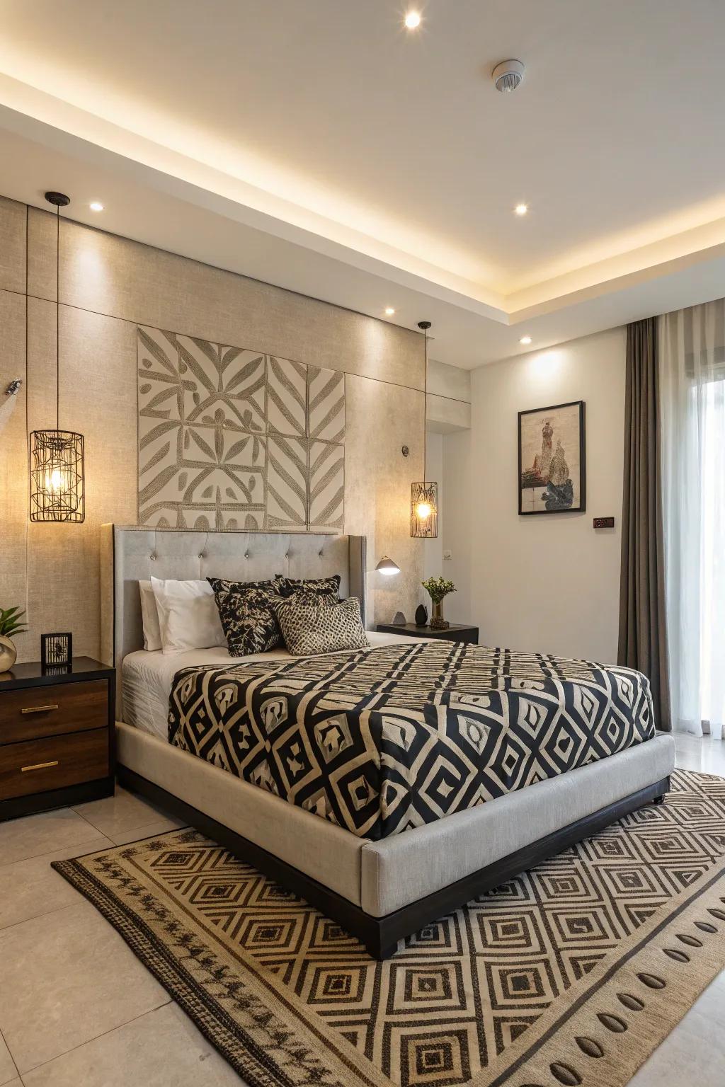 Geometric patterns add an artistic touch to platform beds.