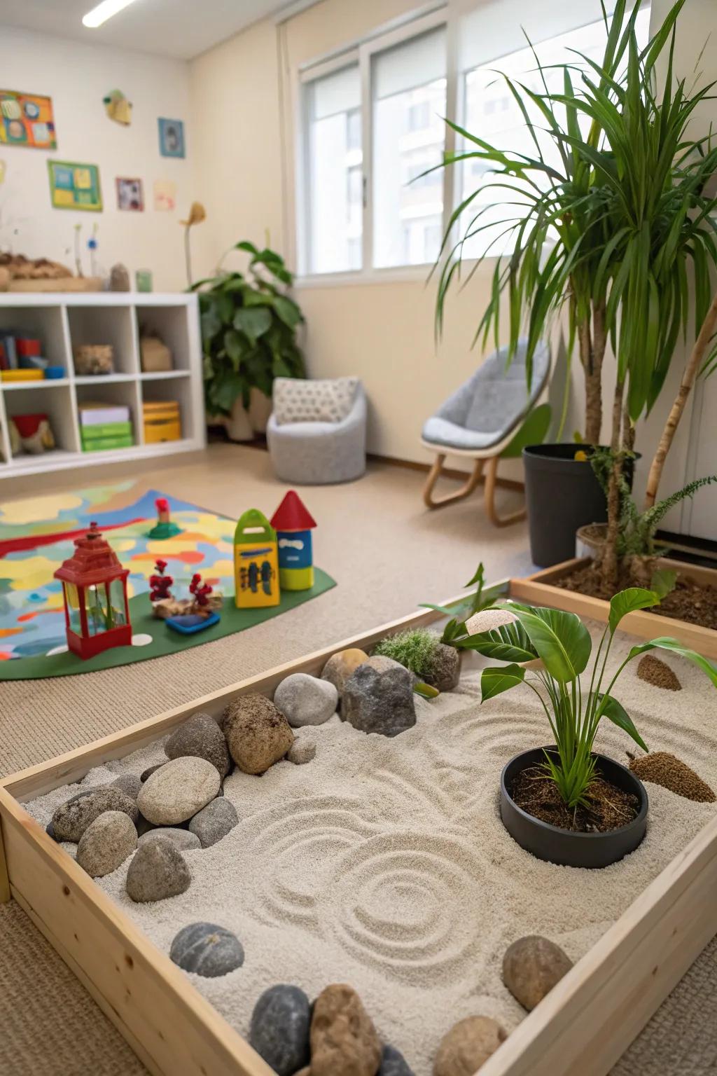 A calming Zen garden bringing peace to the amusement zone.