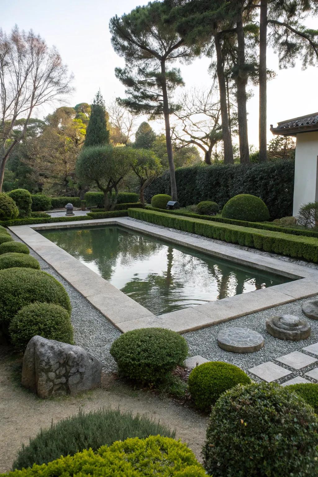A minimalist pond featuring crisp borders and a luxurious aesthetic.