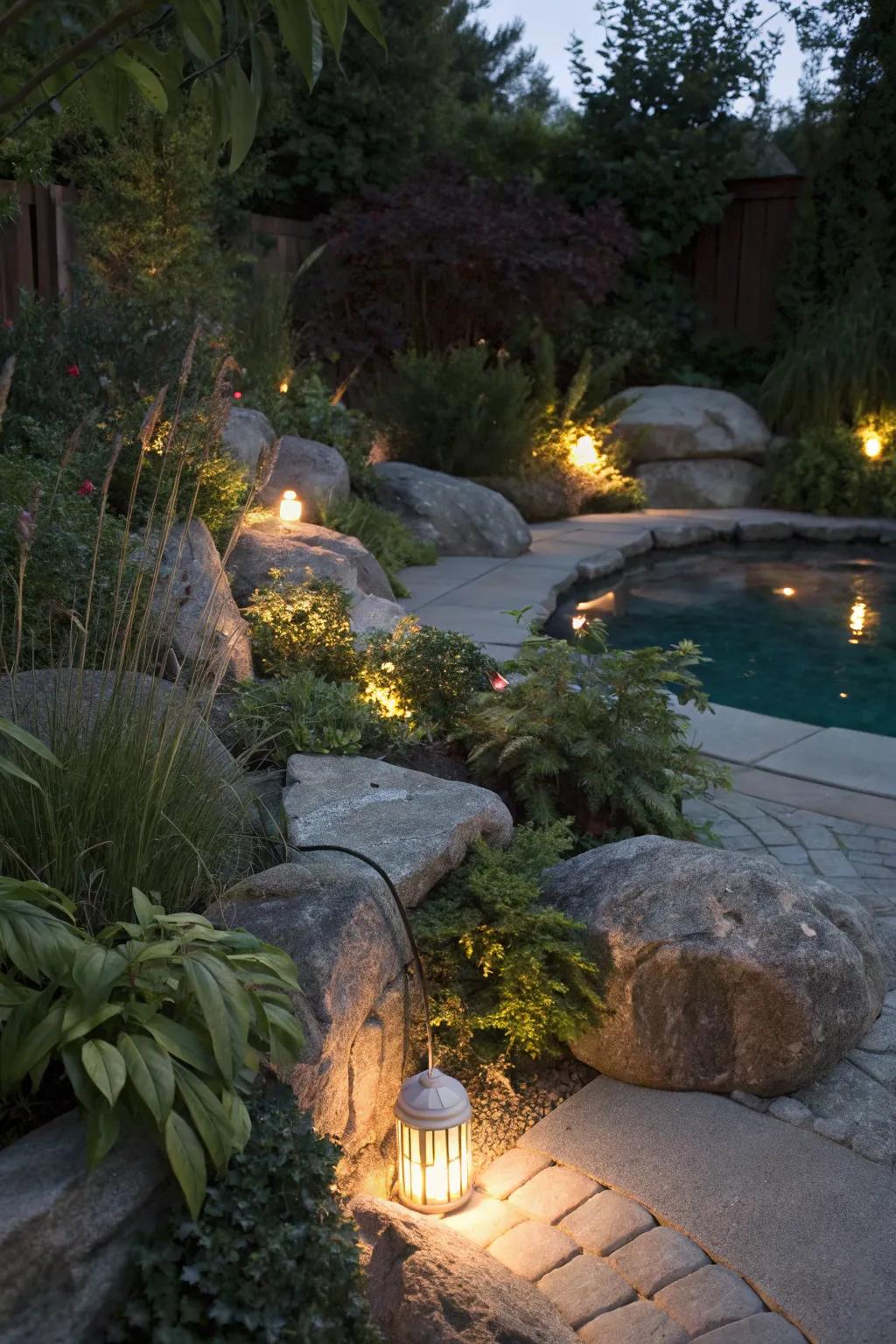 Concealed illumination sprinkles surprises and wonder all through your pool’s garden.