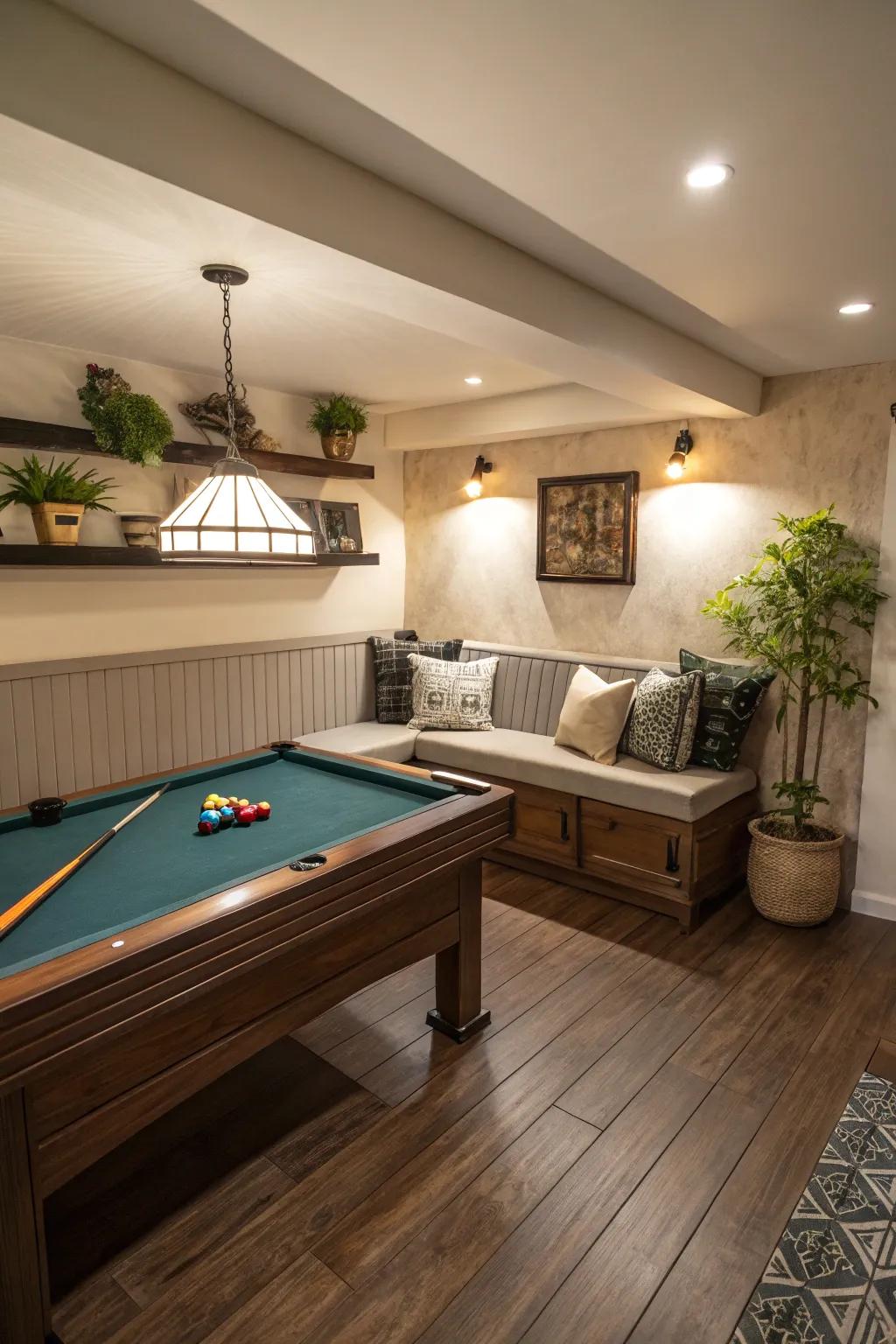 Built-in seating maximizes space and comfort in a small pool table room.