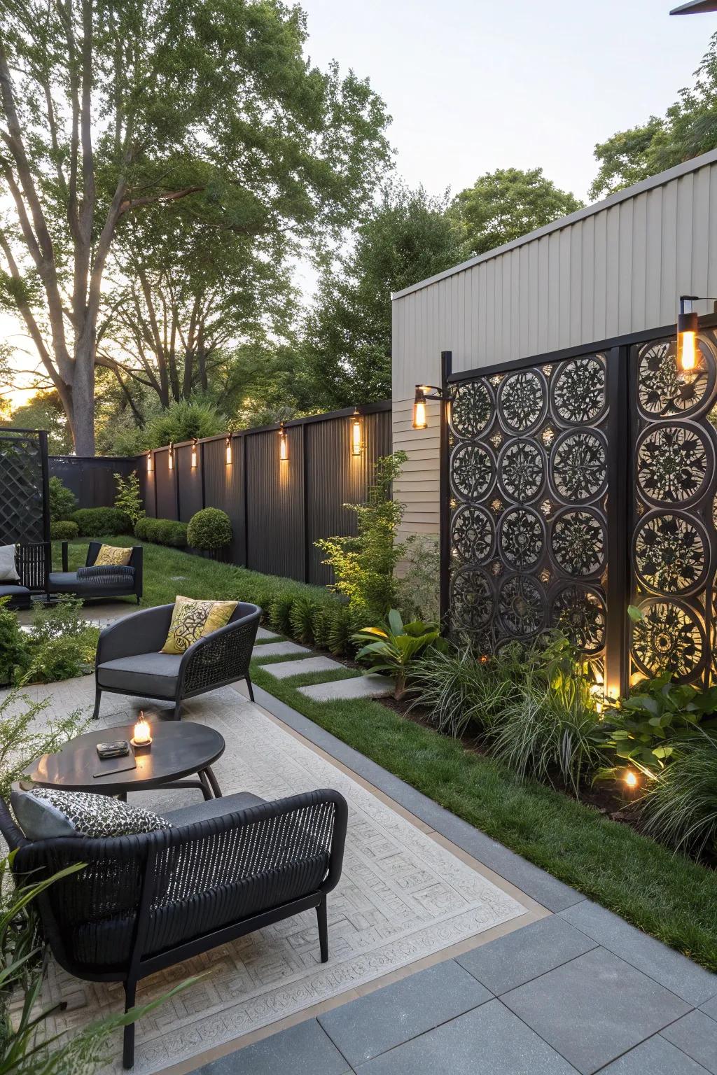 Ornamental steel panels provide privacy with an artistic flair.