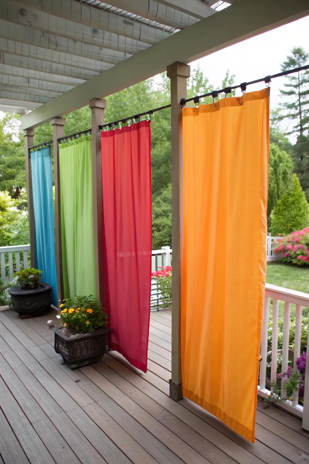 Vibrant textile screens afford swift and seasonal seclusion on a deck.