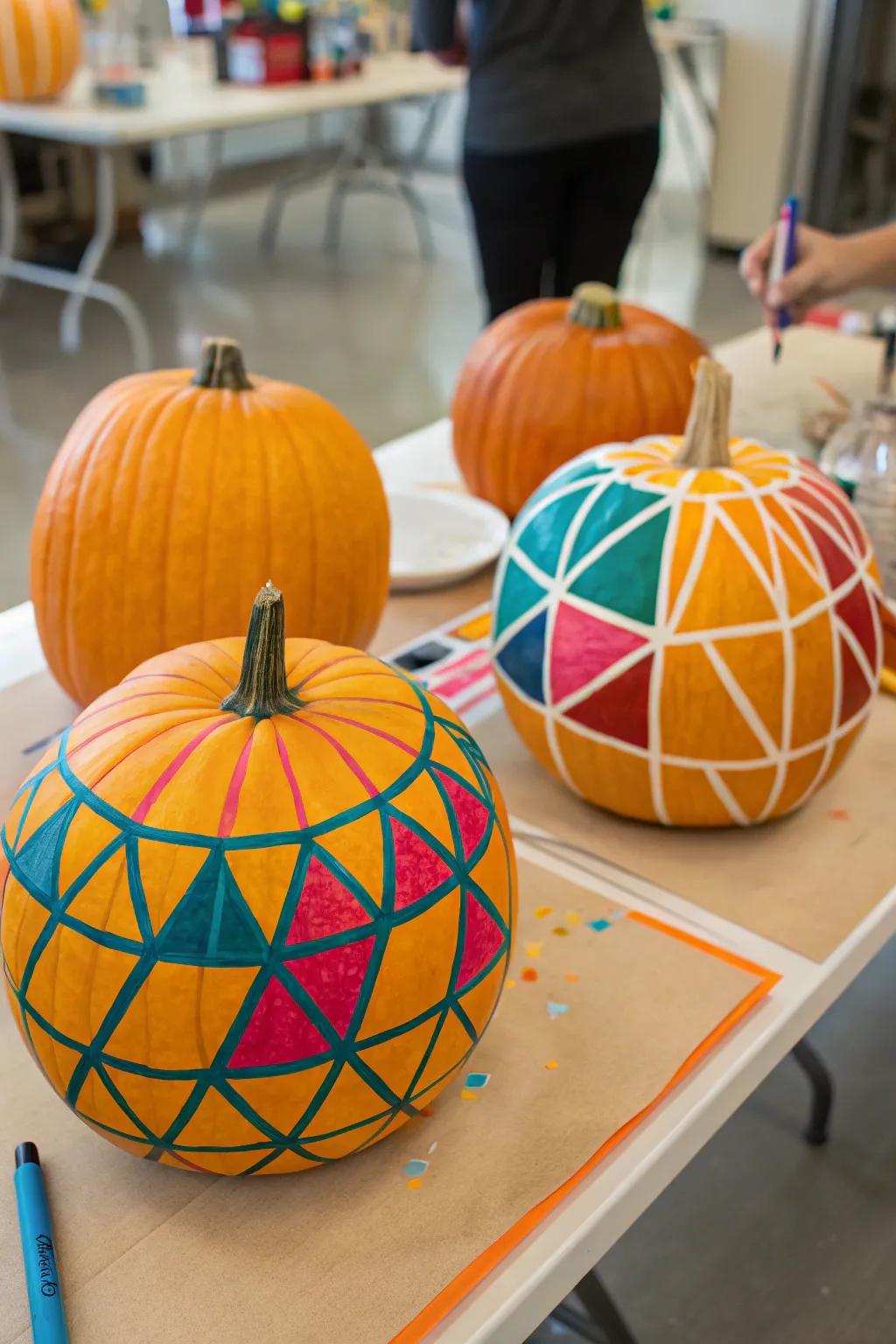 Artwork pumpkins displaying striking geometric patterns.