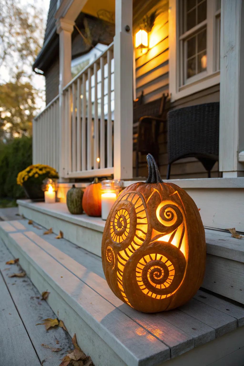 A dynamic spiral-carved pumpkin glowing warmly.