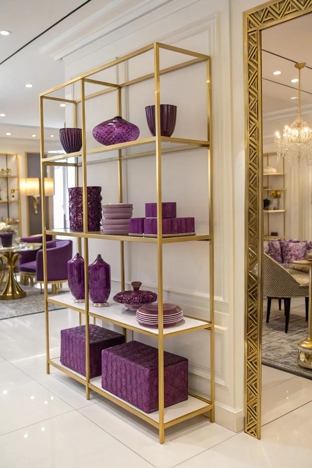 Gold shelving units displaying purple decor items become a focal point.