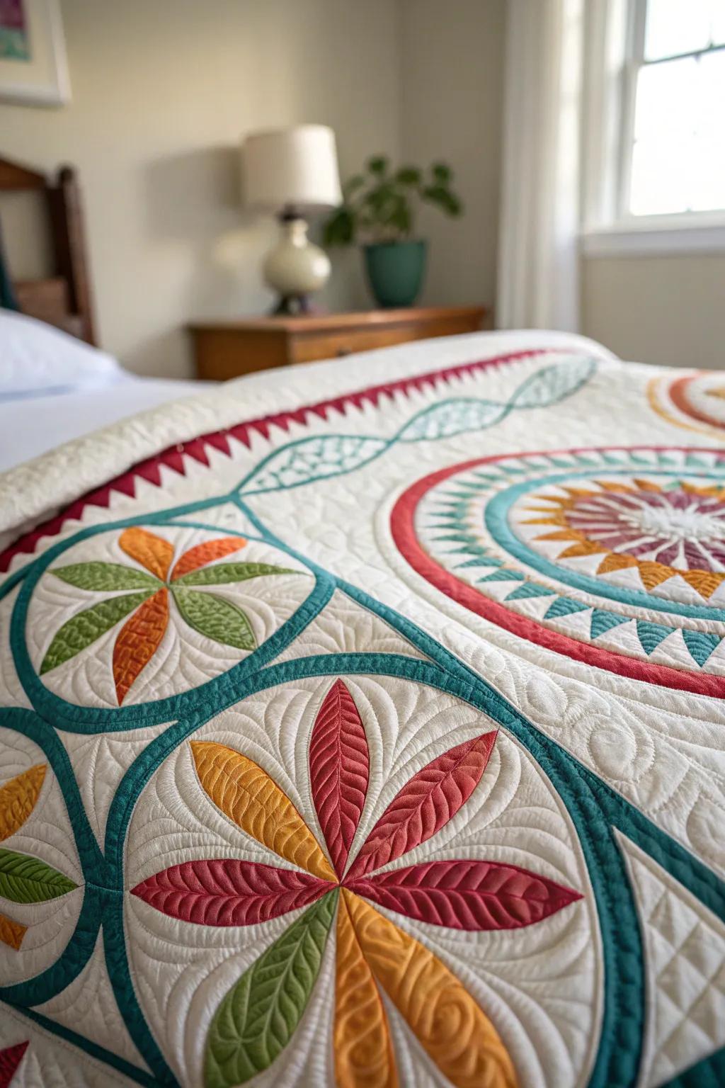 Mirror-image quilting accentuates motifs with affixed texture.