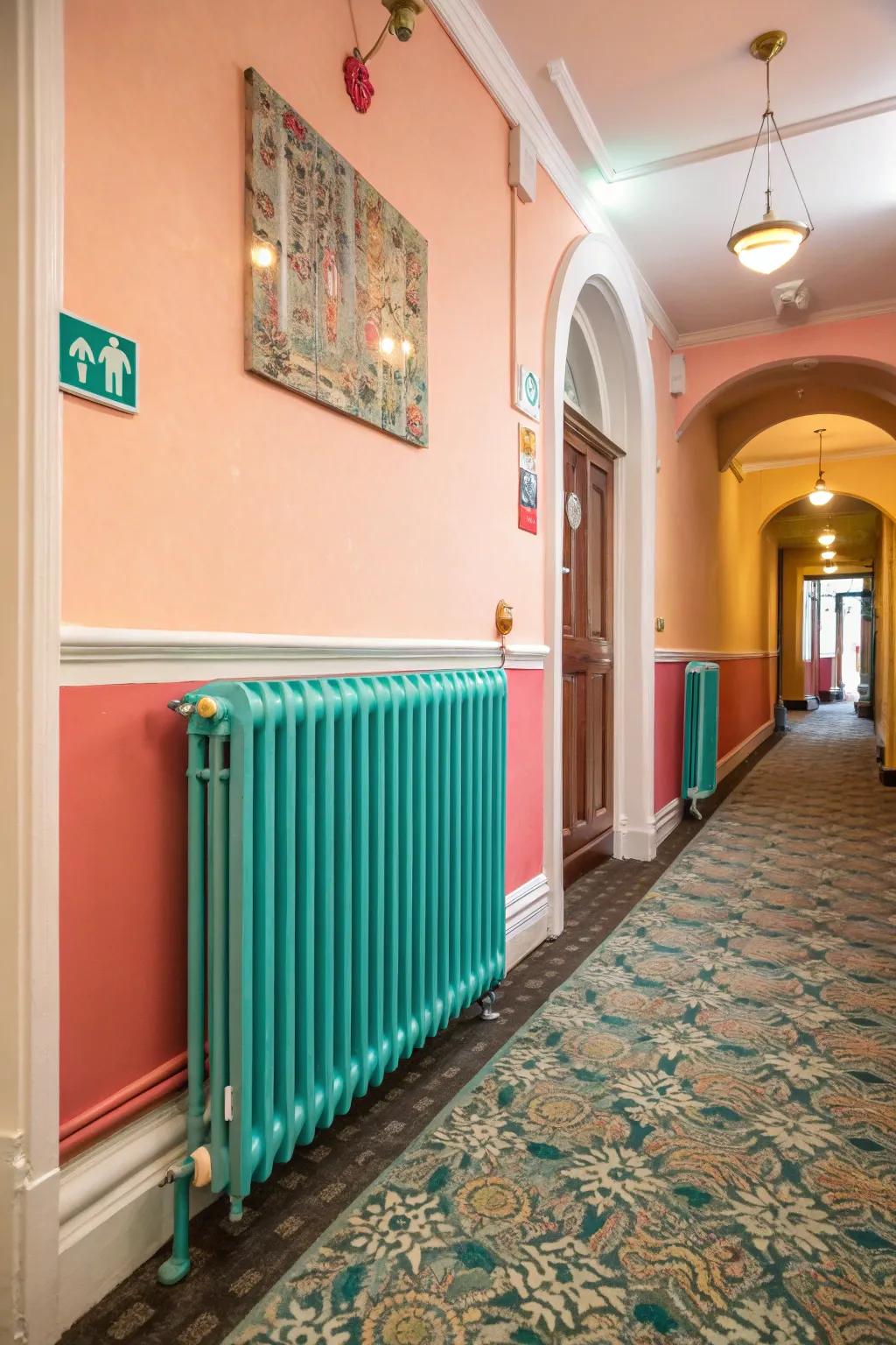 Cerulean radiators add a splash of fun.