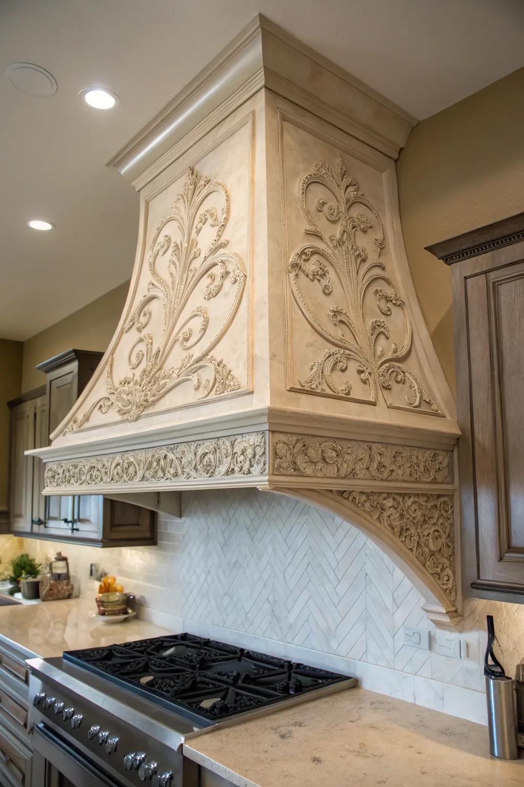 Artistic carvings add a unique and personalized touch to your range hood.