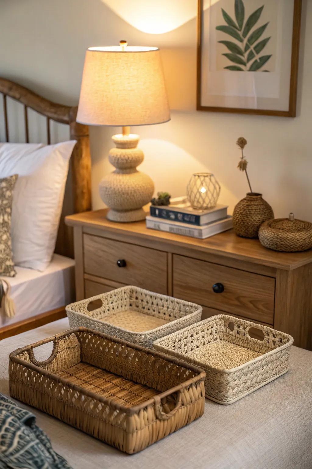 Unexpected rattan decor adds a unique touch to your bedroom.