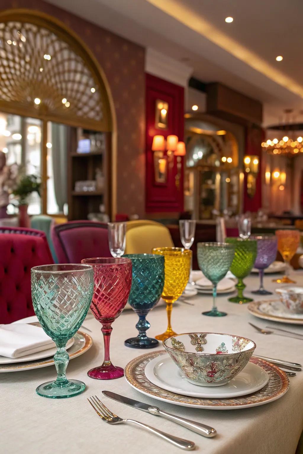 Tinted glassware includes an enjoyable spin to the table.