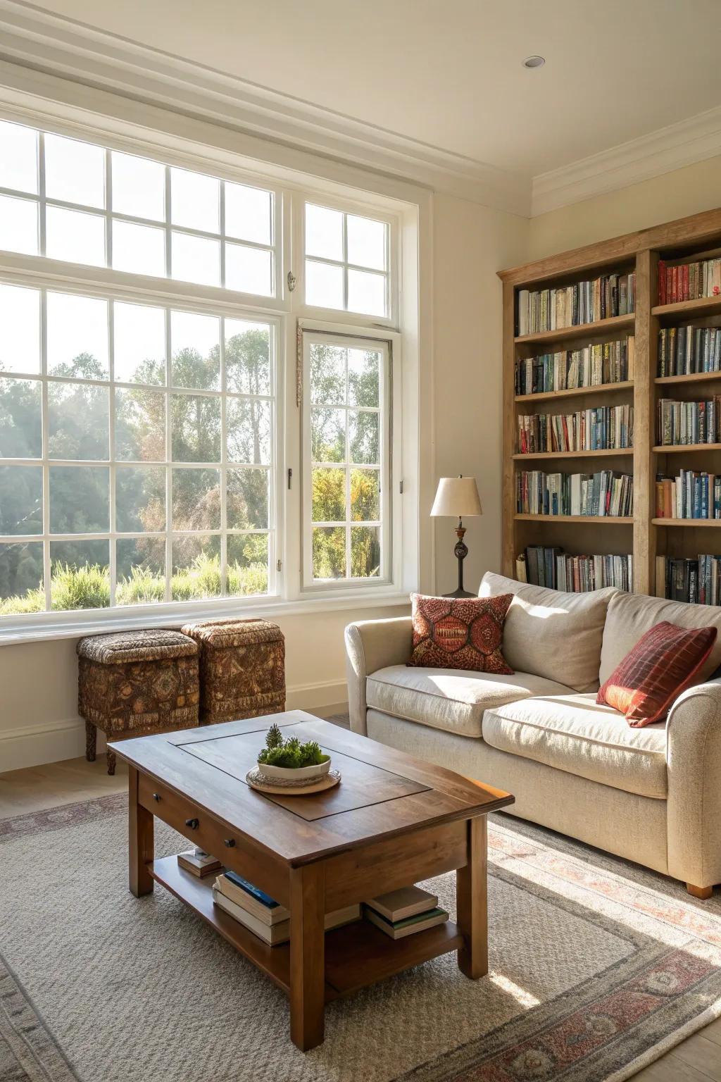 Solar illumination flooding a well-arranged room layout.