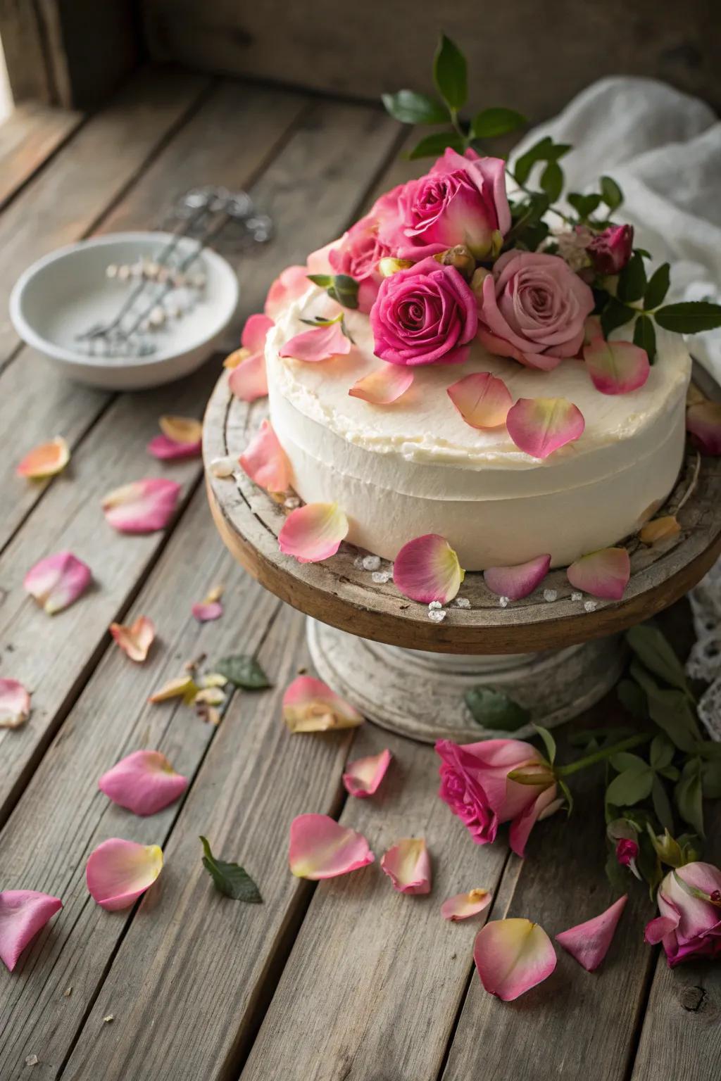 A cake beautifully adorned with fresh floral discs