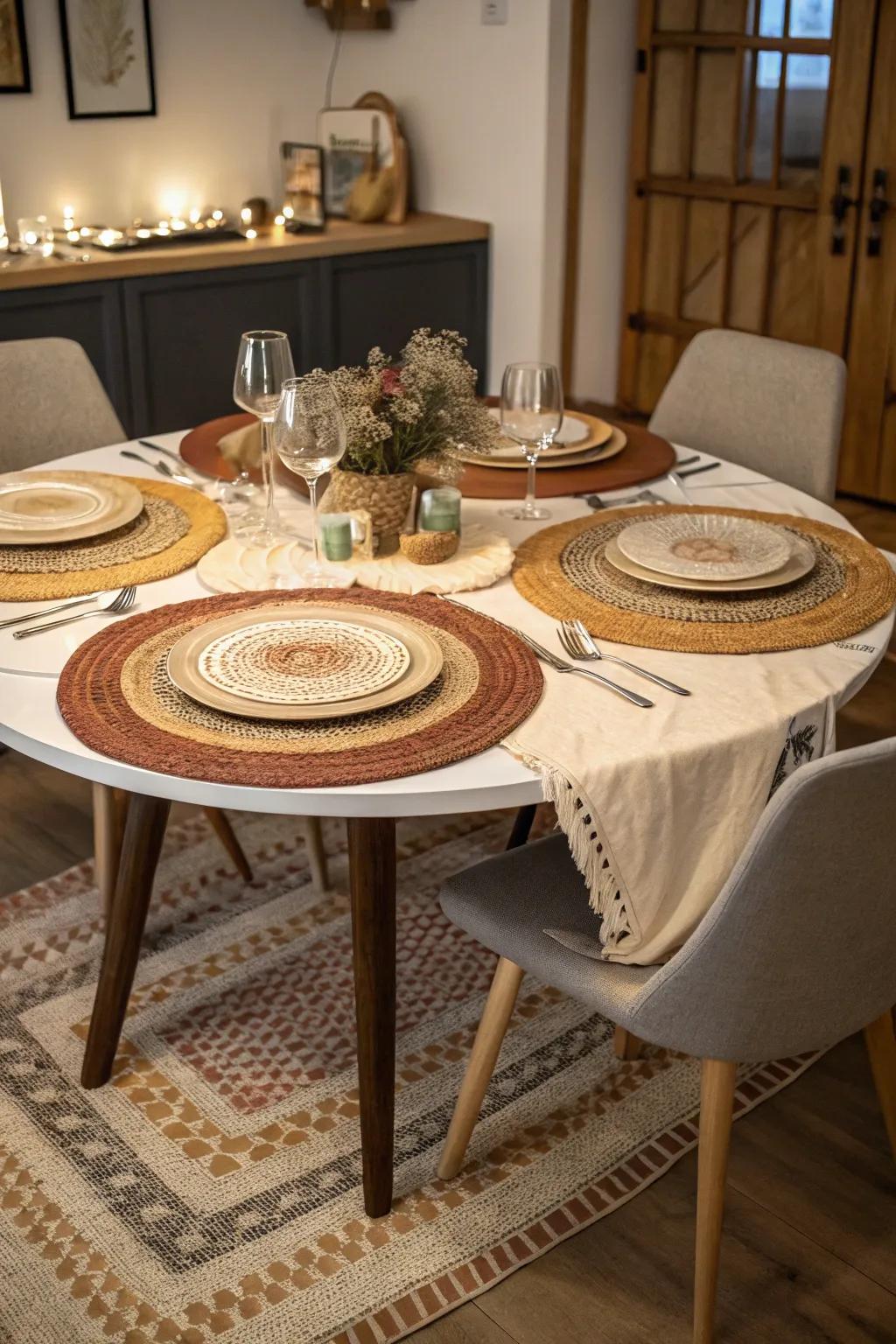 Overlapping rugs define the space and add coziness.