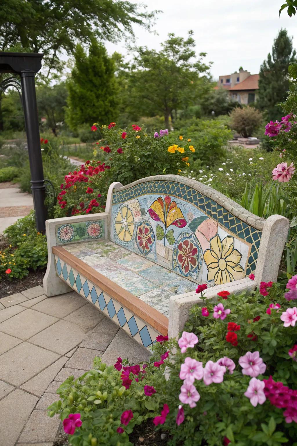 A garden seat adorned with a beautiful mosaic pattern.