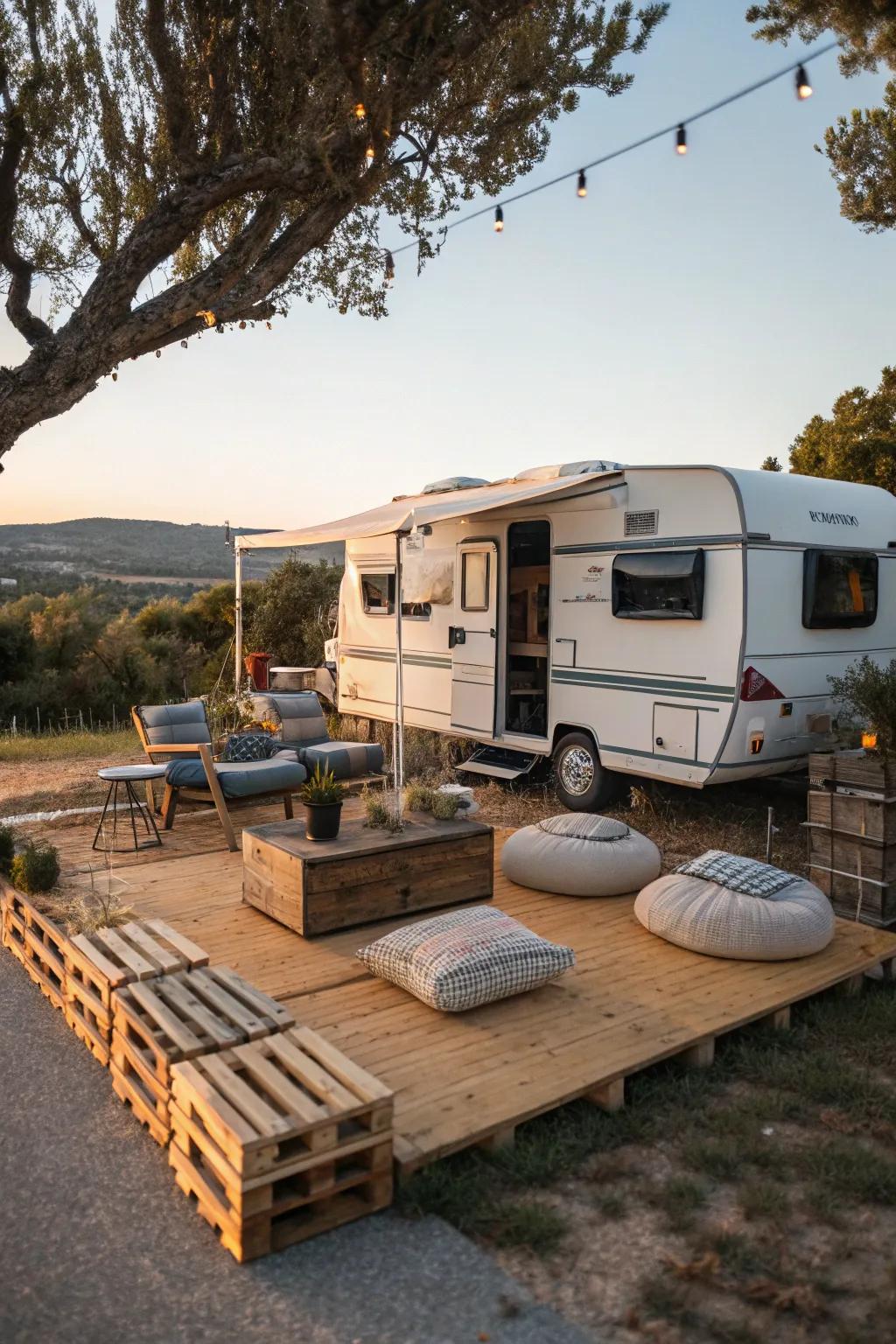 A temporary deck adds design and comfort to your campsite.