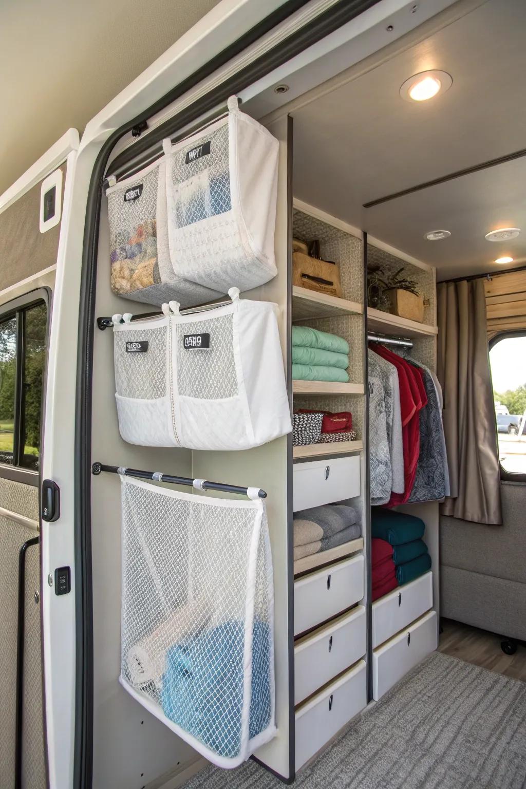 Overhead storage nets effectively use ceiling space in an RV closet.