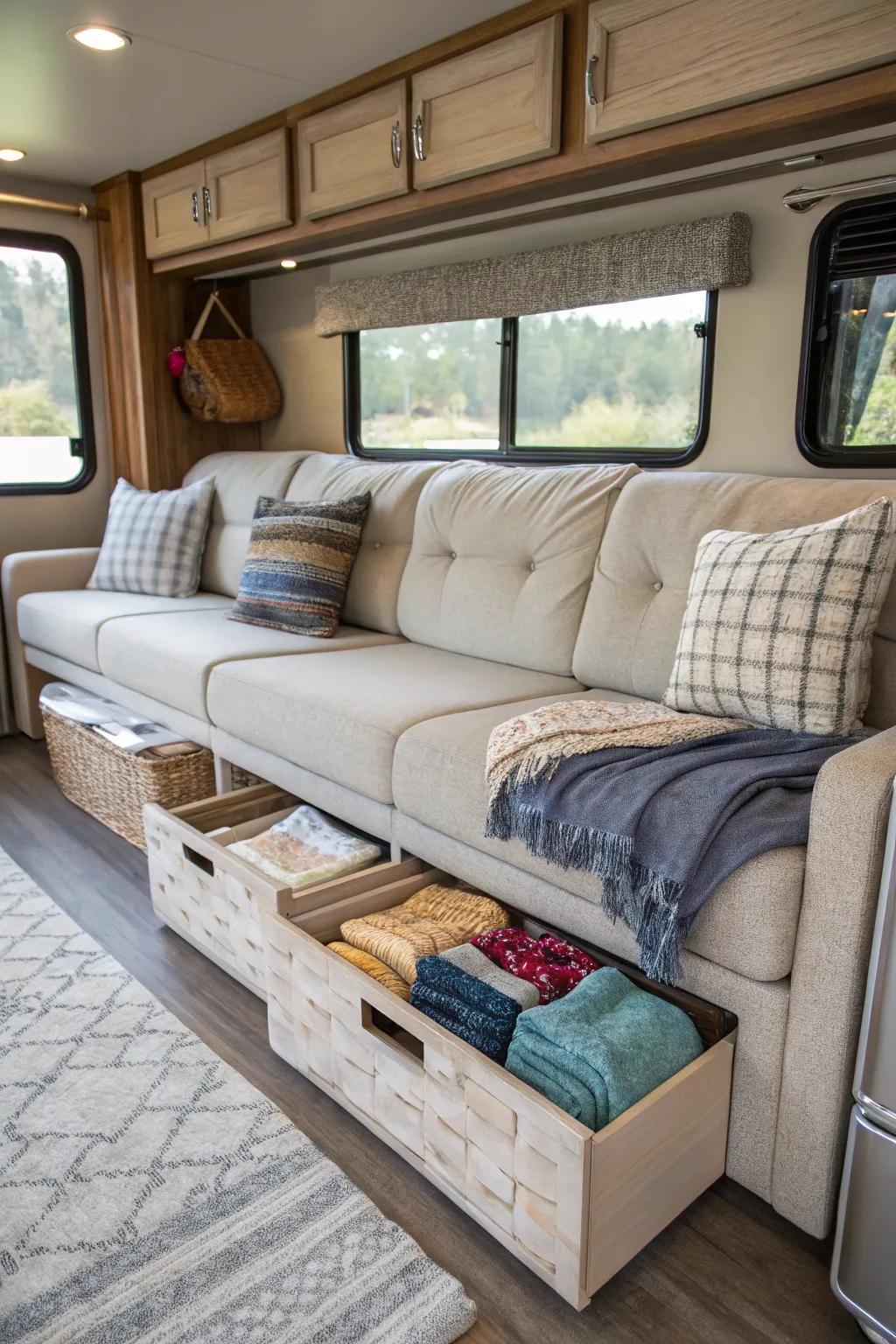 Furniture with in-built sections for discreet linen storage in an RV.